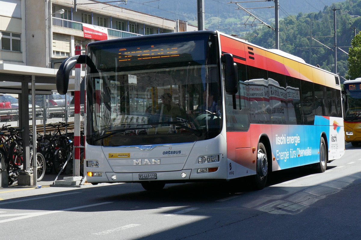 Einer der neuen MAN Lions City vom Ortsbus Brig-Glis am 29.7.16 auf einer Probefahrt in Brig.