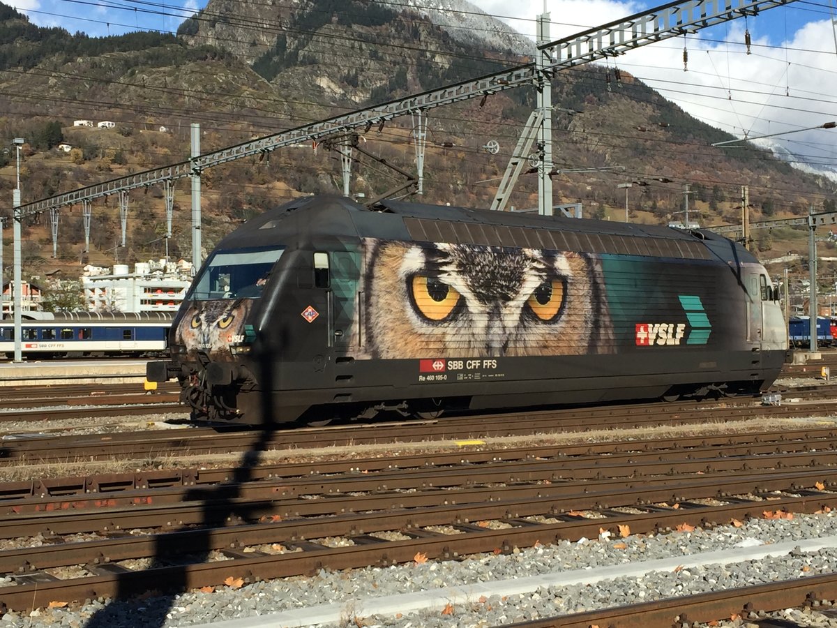 Re 460 105 mit VSLF Werbung beim Umsetzten im Feld von Brig, am 21.11.15.