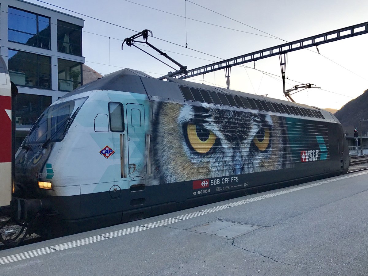 SBB Re 460 105 mit VSLF Werbung am 17.3.17 im Bhf Brig.