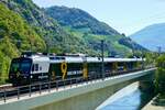 Der RegionAlps Domino RBDe 560 414 mit Kanl9 Vollwerbung am 13.8.22 auf der Rottenbrücke in Leuk.